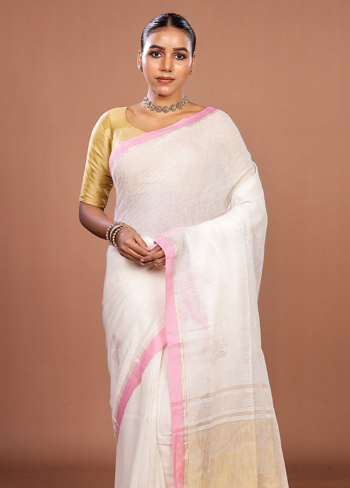 White Linen Silk Saree With Blouse Piece