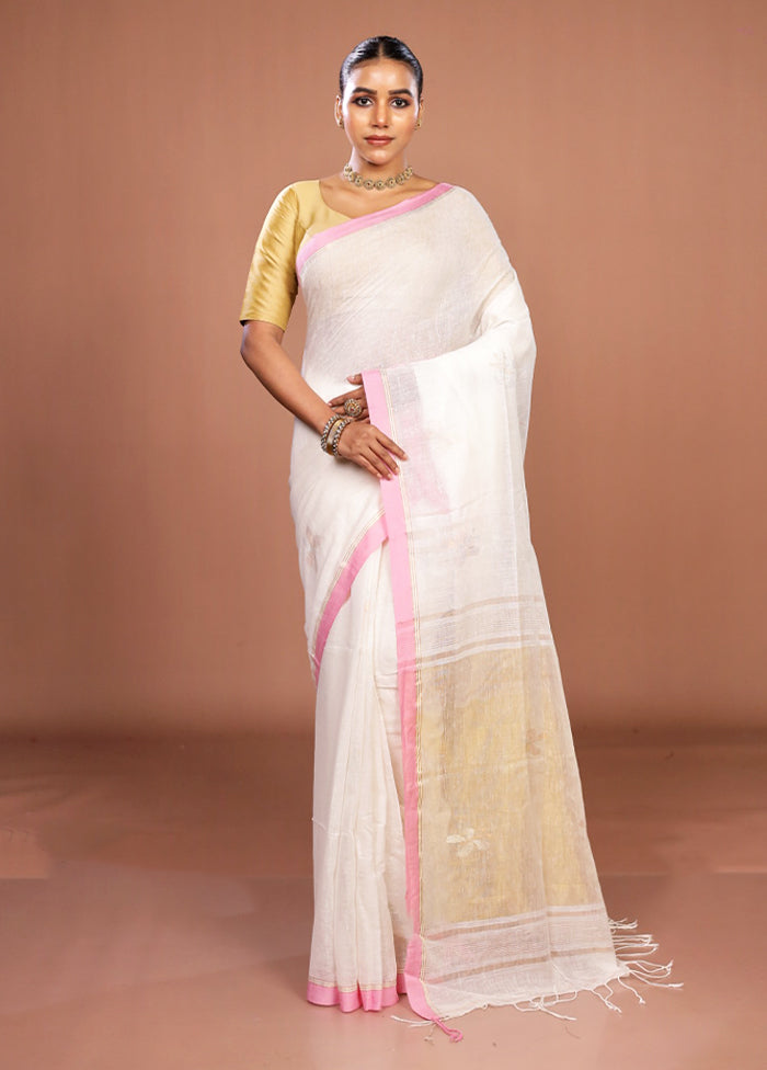 White Linen Silk Saree With Blouse Piece