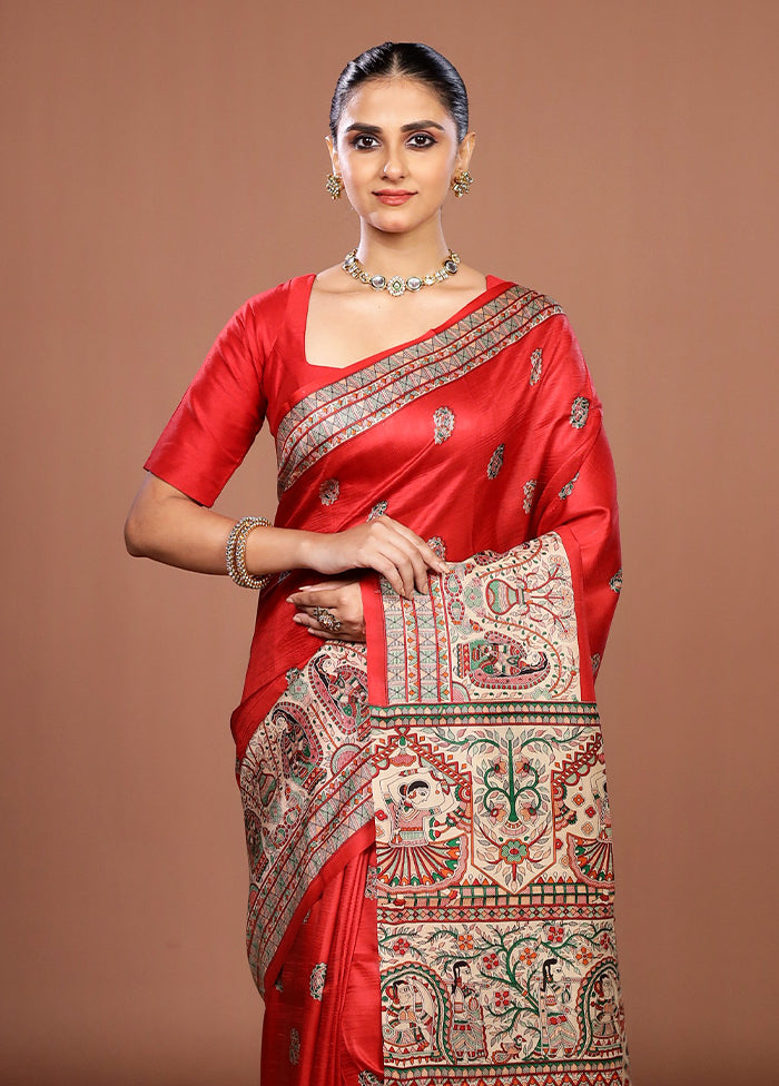 Red Printed Pure Silk Saree Without Blouse Piece
