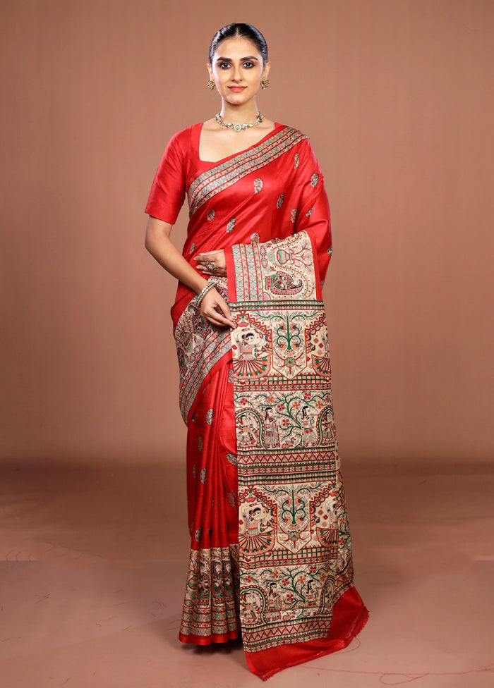 Red Printed Pure Silk Saree Without Blouse Piece