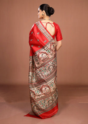 Red Printed Pure Silk Saree Without Blouse Piece