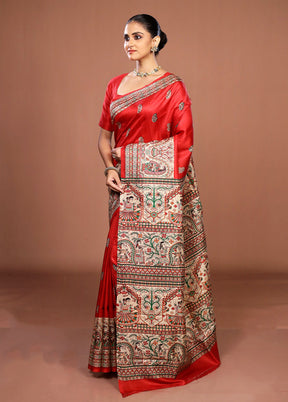 Red Printed Pure Silk Saree Without Blouse Piece