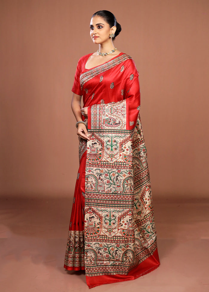 Red Printed Pure Silk Saree Without Blouse Piece