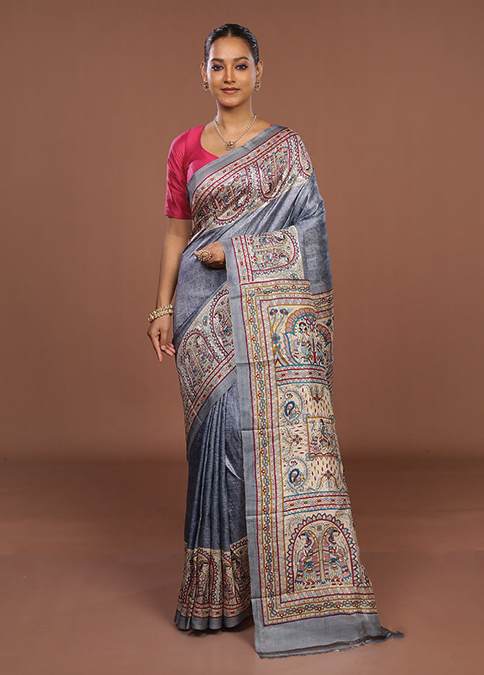 Blue Printed Pure Silk Saree Without Blouse Piece