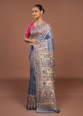 Blue Printed Pure Silk Saree Without Blouse Piece
