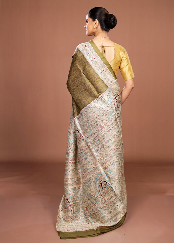 Green Printed Pure Silk Saree Without Blouse Piece
