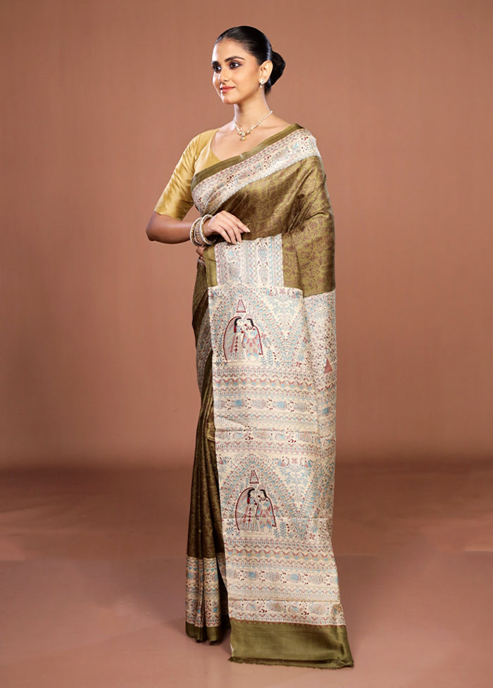 Green Printed Pure Silk Saree Without Blouse Piece