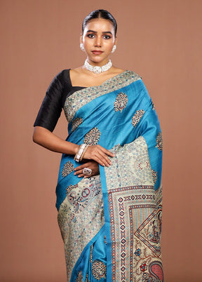 Blue Printed Pure Silk Saree Without Blouse Piece