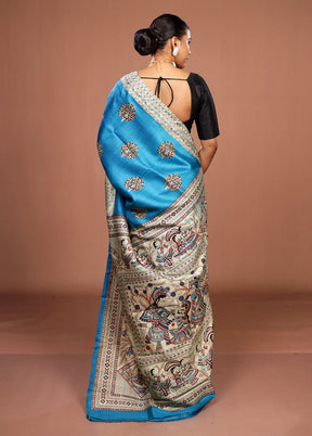 Blue Printed Pure Silk Saree Without Blouse Piece