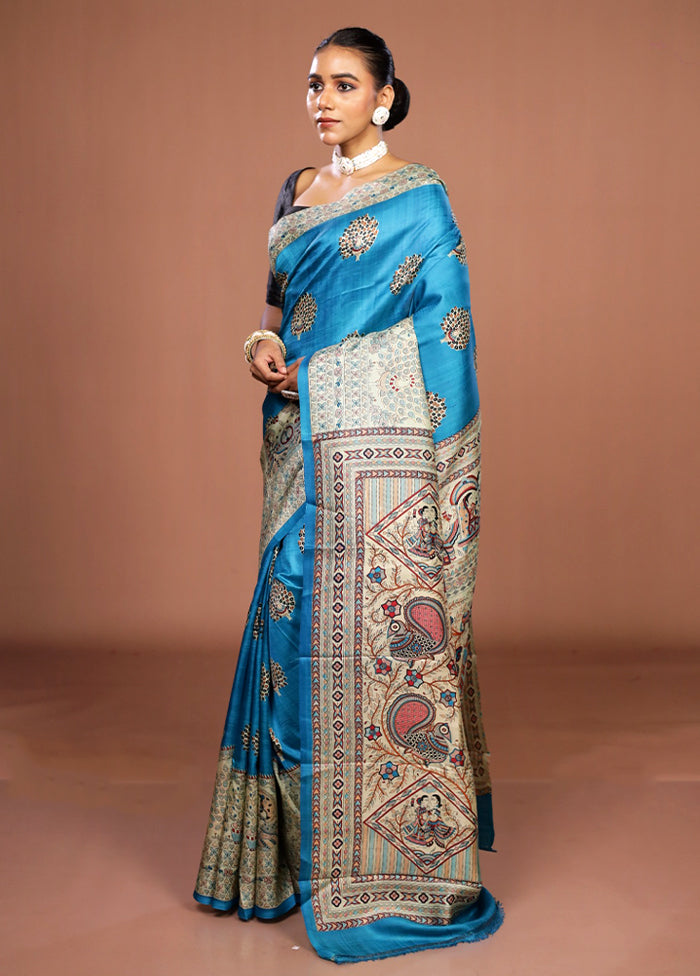 Blue Printed Pure Silk Saree Without Blouse Piece