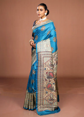 Blue Printed Pure Silk Saree Without Blouse Piece