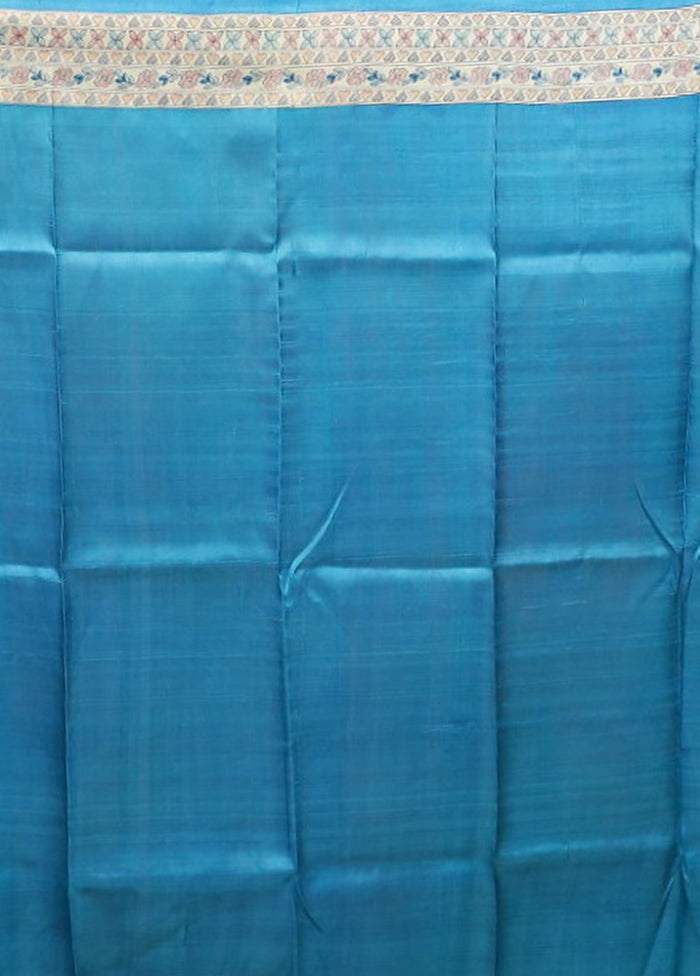 Blue Printed Pure Silk Saree Without Blouse Piece