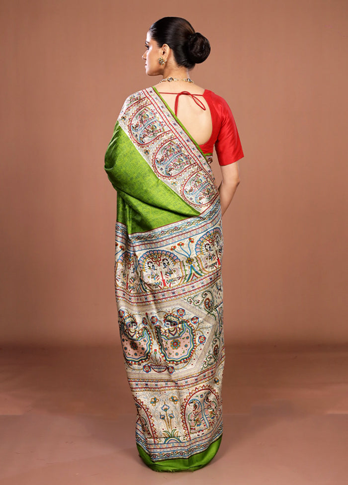 Green Printed Pure Silk Saree Without Blouse Piece