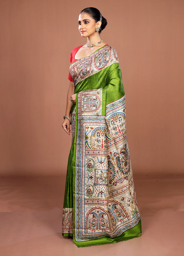 Green Printed Pure Silk Saree Without Blouse Piece