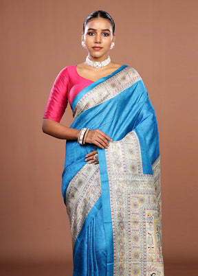 Blue Printed Pure Silk Saree Without Blouse Piece