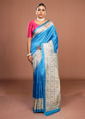 Blue Printed Pure Silk Saree Without Blouse Piece