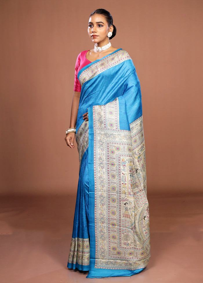 Blue Printed Pure Silk Saree Without Blouse Piece