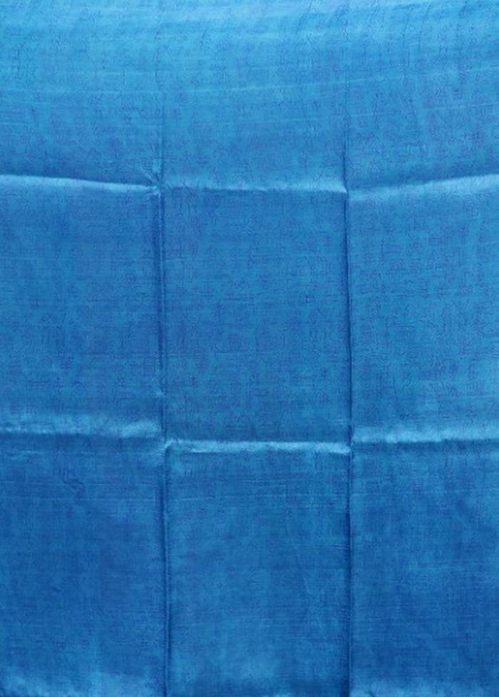 Blue Printed Pure Silk Saree Without Blouse Piece