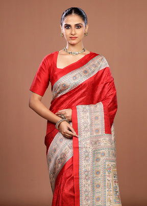 Red Printed Pure Silk Saree Without Blouse Piece