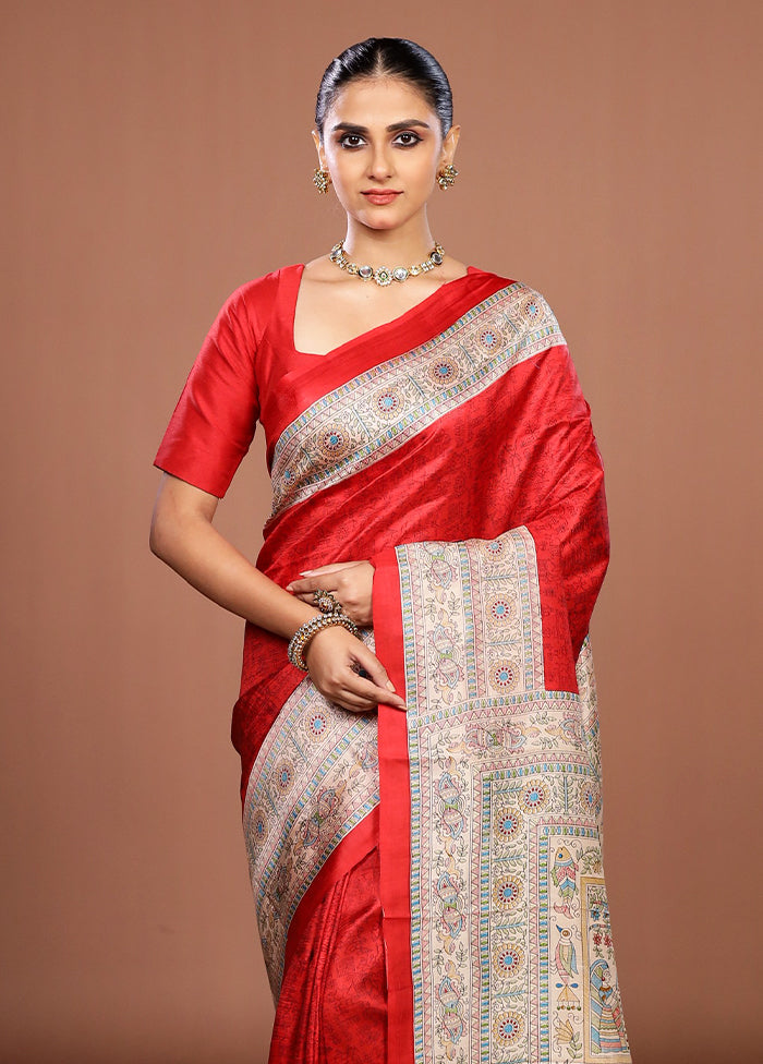 Red Printed Pure Silk Saree Without Blouse Piece
