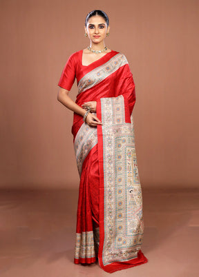 Red Printed Pure Silk Saree Without Blouse Piece