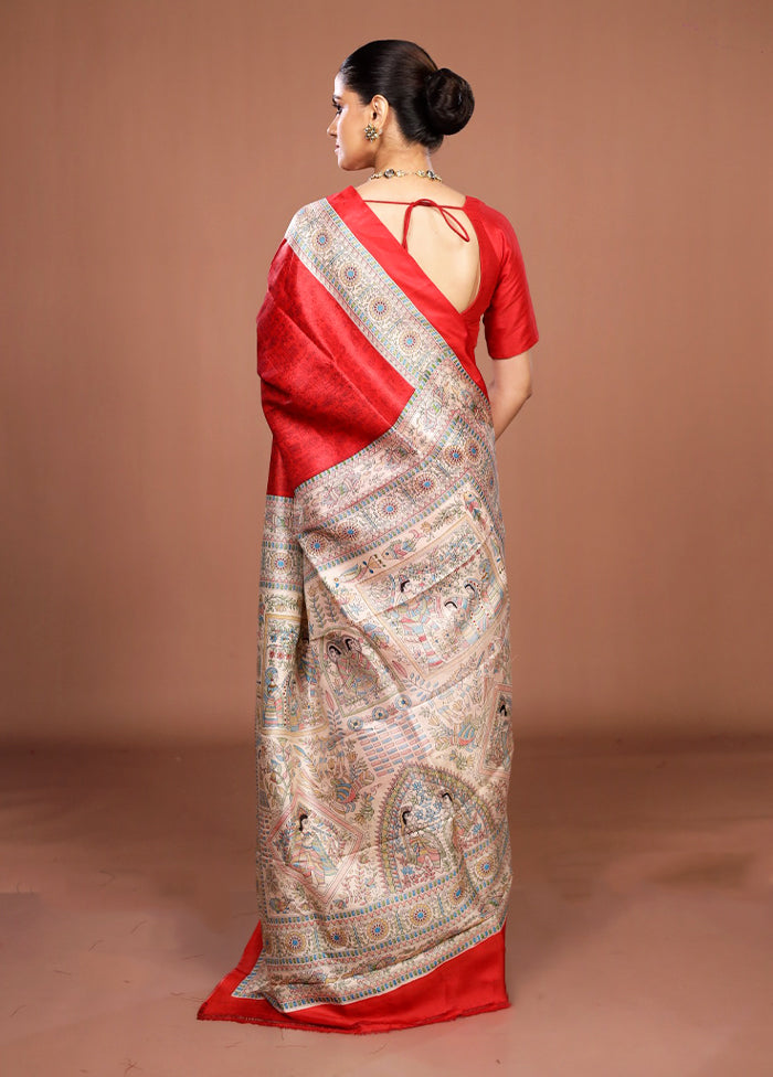 Red Printed Pure Silk Saree Without Blouse Piece