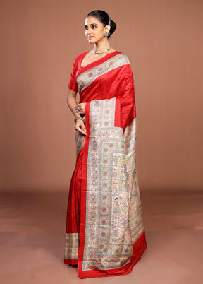 Red Printed Pure Silk Saree Without Blouse Piece
