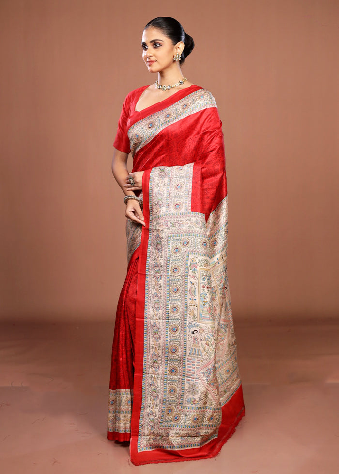 Red Printed Pure Silk Saree Without Blouse Piece