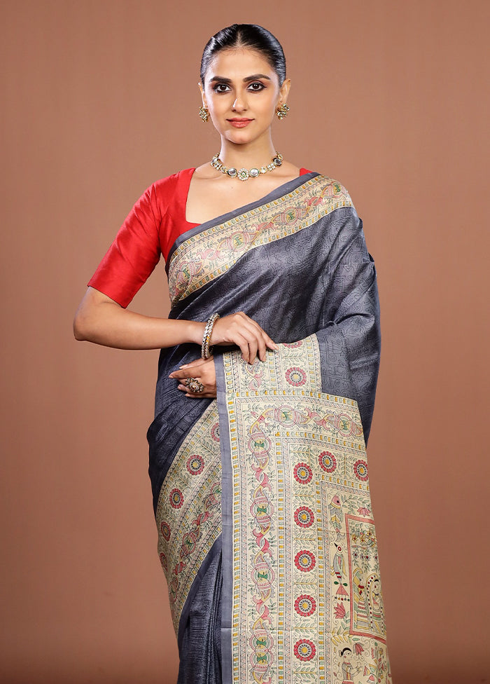 Grey Printed Pure Silk Saree Without Blouse Piece