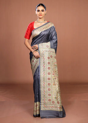 Grey Printed Pure Silk Saree Without Blouse Piece