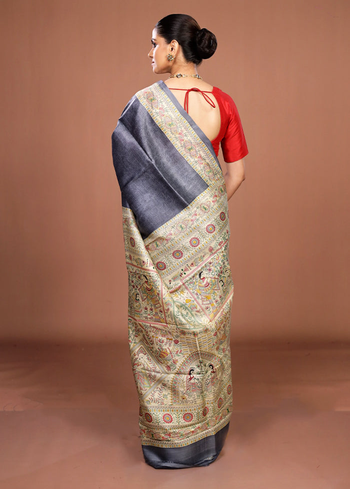 Grey Printed Pure Silk Saree Without Blouse Piece