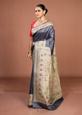 Grey Printed Pure Silk Saree Without Blouse Piece