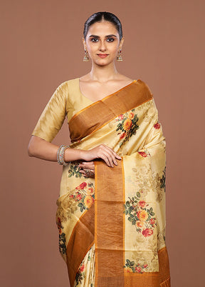 Cream Handloom Tussar Pure Silk Saree With Blouse Piece