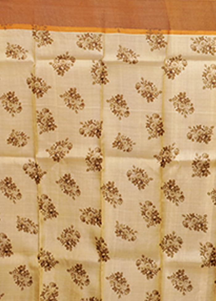 Cream Handloom Tussar Pure Silk Saree With Blouse Piece