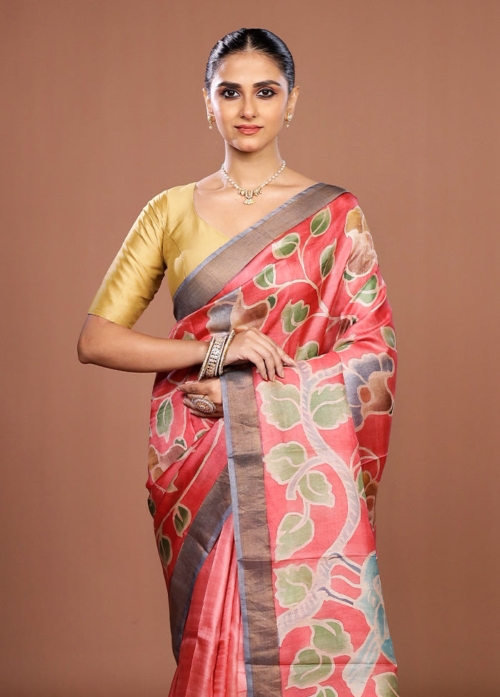 Pink Handloom Tussar Pure Silk Saree With Blouse Piece