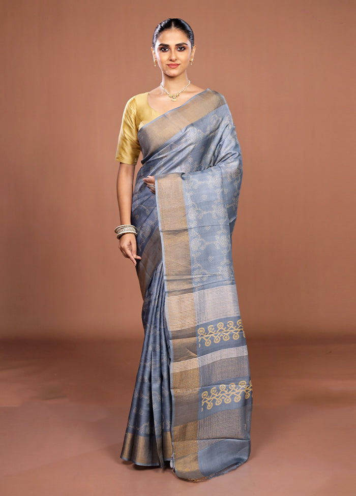 Grey Handloom Tussar Pure Silk Saree With Blouse Piece