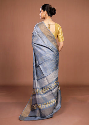 Grey Handloom Tussar Pure Silk Saree With Blouse Piece