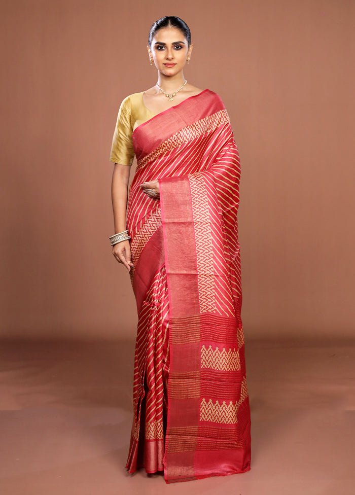Red Handloom Tussar Pure Silk Saree With Blouse Piece