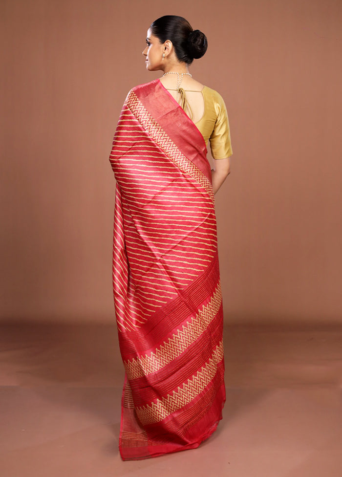 Red Handloom Tussar Pure Silk Saree With Blouse Piece