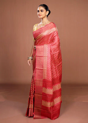 Red Handloom Tussar Pure Silk Saree With Blouse Piece