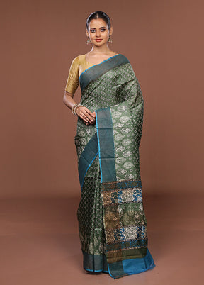 Green Handloom Tussar Pure Silk Saree With Blouse Piece