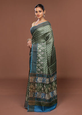 Green Handloom Tussar Pure Silk Saree With Blouse Piece