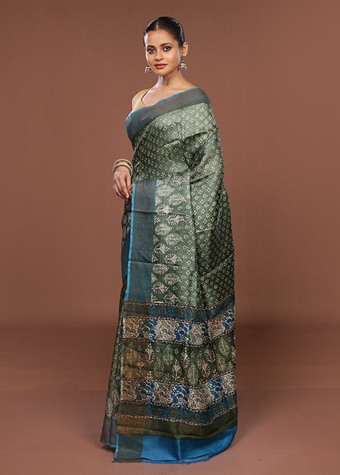 Green Handloom Tussar Pure Silk Saree With Blouse Piece