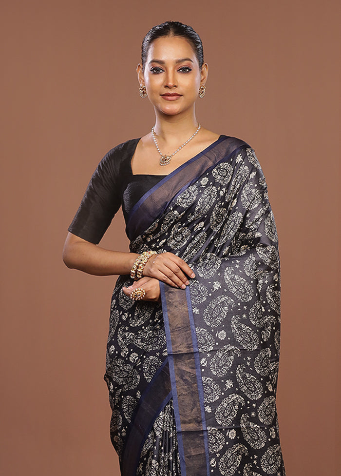 Blue Handloom Tussar Pure Silk Saree With Blouse Piece