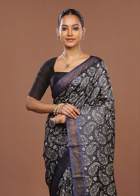 Blue Handloom Tussar Pure Silk Saree With Blouse Piece