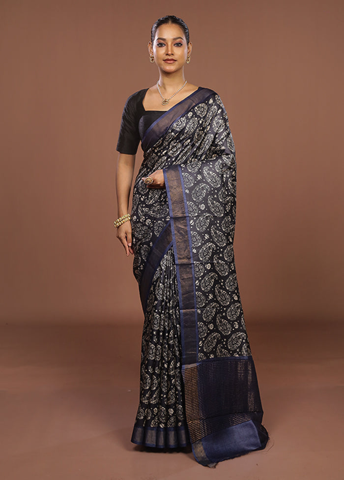 Blue Handloom Tussar Pure Silk Saree With Blouse Piece