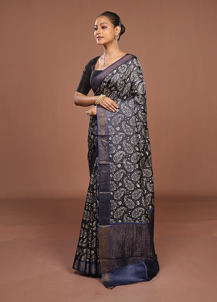 Blue Handloom Tussar Pure Silk Saree With Blouse Piece