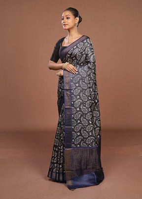 Blue Handloom Tussar Pure Silk Saree With Blouse Piece