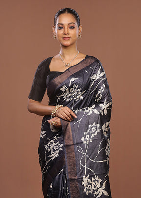 Black Handloom Tussar Pure Silk Saree With Blouse Piece