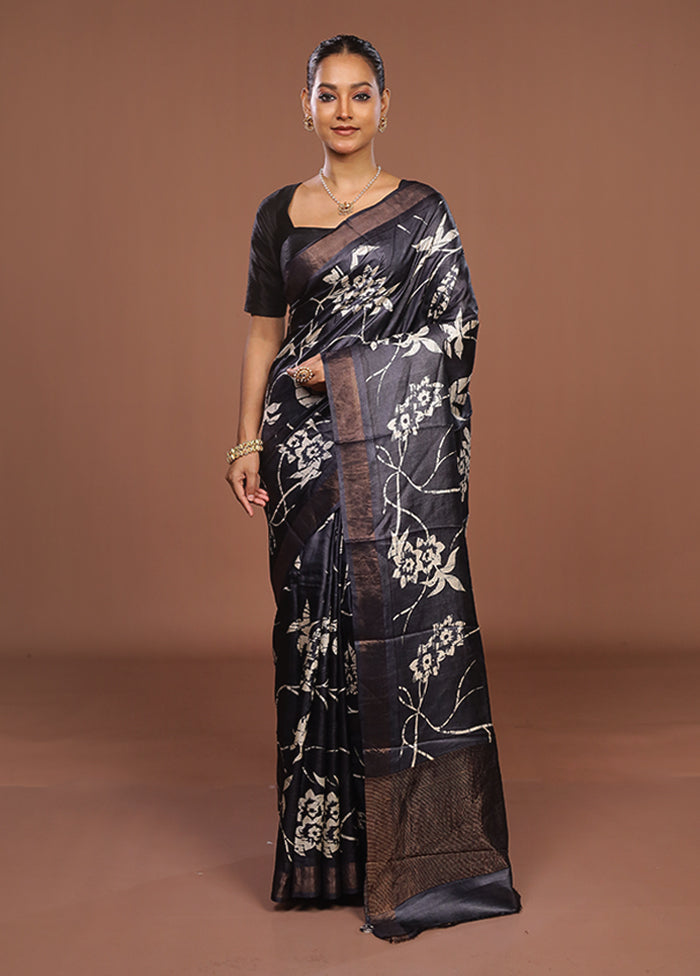Black Handloom Tussar Pure Silk Saree With Blouse Piece